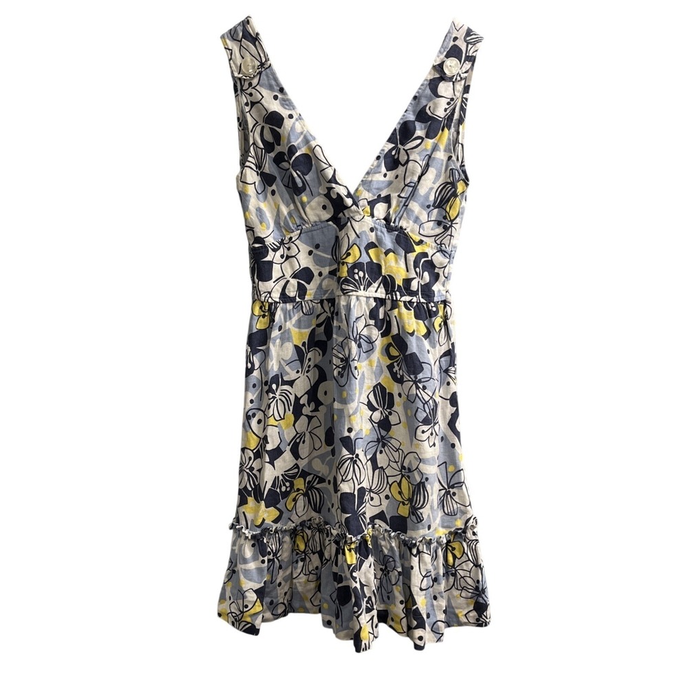 Bennington Dress Blue Floral Linen Tiered Mini Size S Tropical Beach Vacation